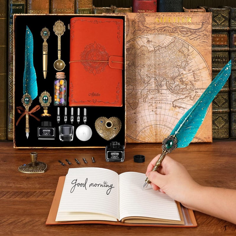 Aifeiter Quill Pen and Ink Set, Feather Calligraphy Set With Wax Seal Stamp, Notebook - Beautiful Gift for Christmas - Green - Image 3